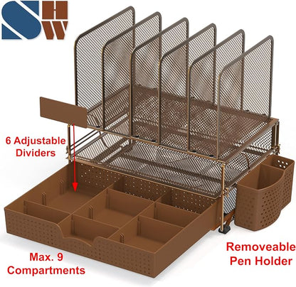 Simple Houseware Desk File Organizer for Office Supplies w/Drawer, Copper | Double Tray, Pencil Holder, and 5 Upright Sections with Sliding Drawer