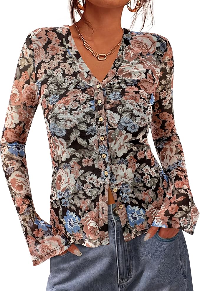 BTFBM Button Down Shirts for Women 2026 Fall Boho Tops V Neck Long Sleeve Blouses Ruched Mesh Fitted Fashion Clothing