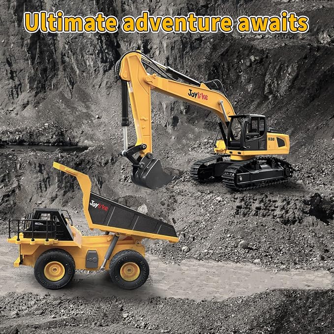 Joylike RC Excavator and Dump Truck Toy Set，2.4Ghz Metal Remote Control Construction Vehicle with Light&Sound, Best Christmas Toy for Boys 8+Year Old Kid