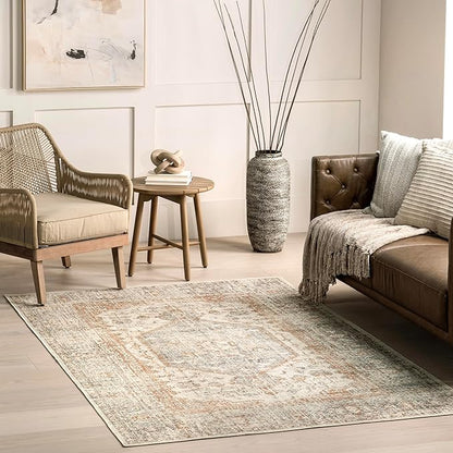nuLOOM 6x9 Machine Washable Rain Haven Vintage Medallion Area Rug, Light Grey, Traditional Faded Design, Non-Slip Backing, Stain Resistant, For Bedroom, Dining Room, Living Room, Kitchen