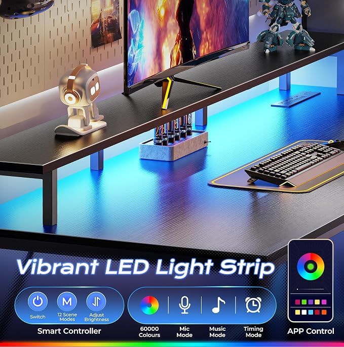 PRAISUN 55 inch Gaming Desk, LED & Power Outlets, Monitor Stand, Black | Sturdy PC Desk for Home Office, Study & Work, LED Lights, 4 AC Outlets & USB-C Charging Station