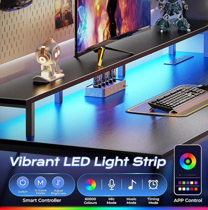 PRAISUN 55 inch Gaming Desk, LED & Power Outlets, Monitor Stand, Black | Sturdy PC Desk for Home Office, Study & Work, LED Lights, 4 AC Outlets & USB-C Charging Station