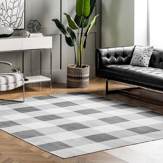 nuLOOM Lucy Machine Washable Farmhouse Buffalo Plaid Ultra Thin Accent Rug, 2' x 3', Grey
