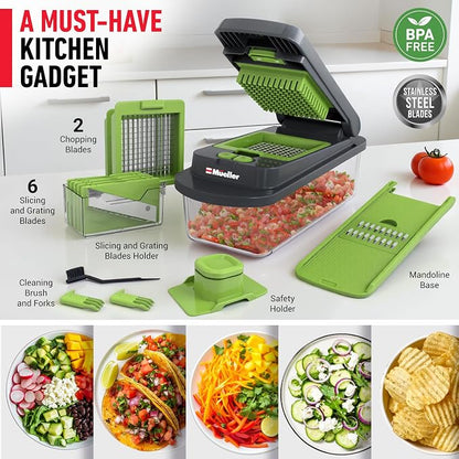 MUELLER HOME Pro-Series 10-in-1 Vegetable Chopper with Container, 8 Blade | Fruit Cutter, Dicer, Tomato Slicer, French Fry Cutter Potato Slicer, Salad Chopper, Gray/Green