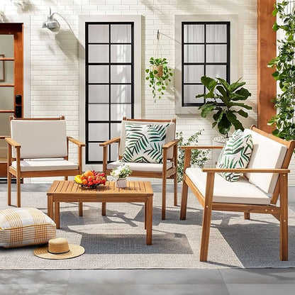 Flamaker Patio Furniture 4 Piece Outdoor Acacia Wood Patio Conversation Sofa Set with Table & Cushions Porch Furniture for Deck, Balcony, Backyard