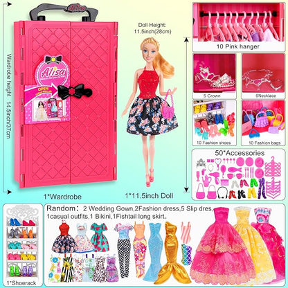 ebuddy 105 Pcs Doll and Closet Plyaset- Wardrobe Set Including One Doll,Wardrobe, Shoes Rack, Dress, Shoes Hangers, Necklace