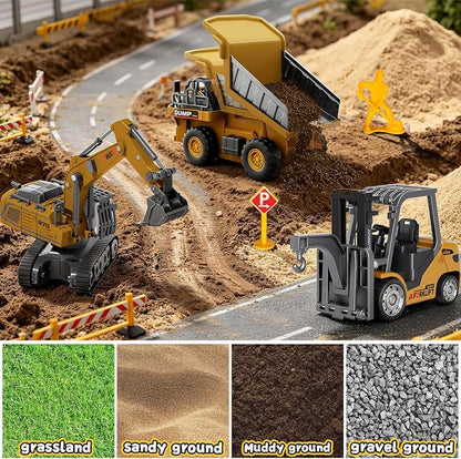 RC Construction Vehicles Toys Set 3 in 1 with Mini Excavator Dump Truck Forklift Real Lights & Sounds and Movable Parts & Traffic Sign Construction Site Map USB Charge Birthday Gifts for Kids Adults