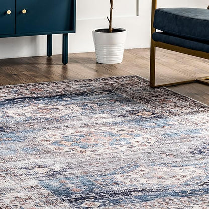 nuLOOM Drina Distressed Machine Washable Ultra Thin Area Rug, 8' x 10', Blue