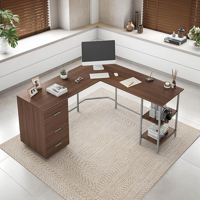 Techni Mobili L Shaped Desk - Two-Toned Computer Desk with Drawers & Storage Shelves - Simple Modern Furniture & Home Office Space Corner Table for Work & Writing | 59" two‑tone L‑shaped desk with storage shelves, durable frame, modern corner workstati...