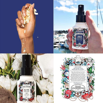 Poo-Pourri Set - Includes Tropical Hibiscus, Lavender, Hollyday Spice and Ship Happens 1.4 Ounce Bottles