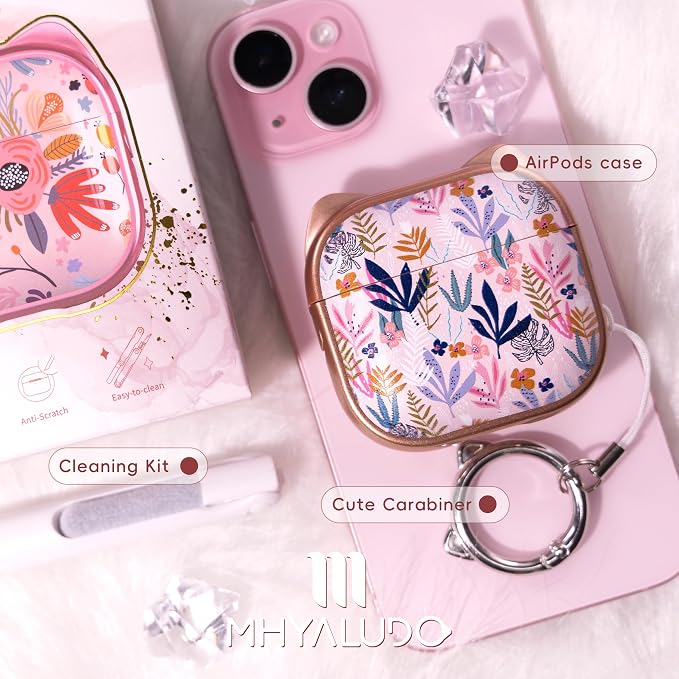 for AirPods 4 Case with Cleaning Kit, Cute Cat Ear Print Design & Cute Buckle, Inverted Phone Holder Design, Top Safe Lock Buckle Design, for Girls AirPods 4 case 2024, Rose Gold Leaves