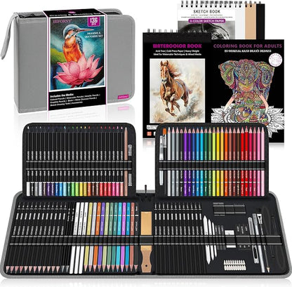 HIFORNY 136 PCS Drawing & Sketching Set,Pro Art Supplies with Graphite,Charcoal,Colored,Watercolor,Metallic Pencils,Blending Tools,Sketchbook,Watercolor Book and Coloring Book in Zipper Case (Grey)