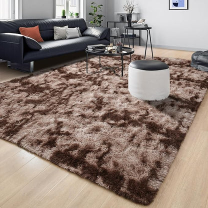 Tepook 4x6 Area Rugs for Living Room Bedroom, Soft Fluffy Plush Shaggy Girls Boys Kids Room Rug, Shag Upgrade Non-Slip Throw Carpet for Dorms Nursery Classroom Home Decor, Tie-Dyed Brown