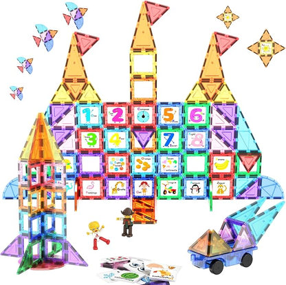 PicassoTiles 121 pc Master Builder Magnetic Building Block Construction Set Magnet Tiles Blocks with Car Truck, 2 Character Action Figures, 28 Educational Alphabet Animal and Number Graphics