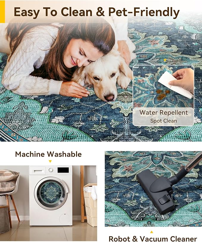 RELEANY Area Rugs Round 10ft Washable Non-Slip, Floral Vintage Distress Medallion Carpet for Living Room Bedroom Dining Room, Teal Green Lake Blue Turquoise