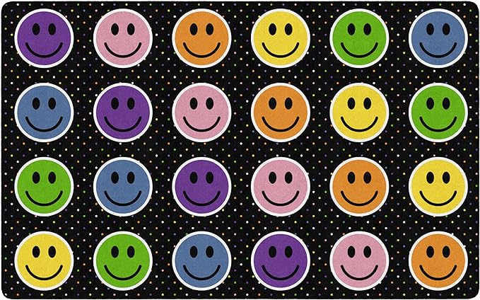 Flagship Carpets Smiley Seating (Seats 24) Classroom Area Rug or Educational Learning Mat, Kids Room or Playroom Carpet, 7'6" x 12', Black/Multi