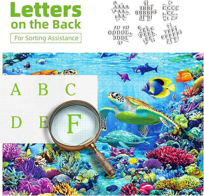 500 Piece Jigsaw Puzzles for Adults Ocean Reef Underwater Scene with Sea Turtles & Tropical Fish Puzzle for Seniors Family Challenging Puzzle with Letters on Back Perfect for Game Night (23"X15")