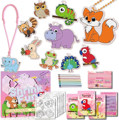 Shrink Fun 75PCS Shrinky Dinks Sheets Craft Kits for Kids, Includes 24 Pre Cut Forest Animal Charms, 24 Learning Cards and More, Keychain&Necklace Making Kit for Girls, Ideal Party Favor Age 6+