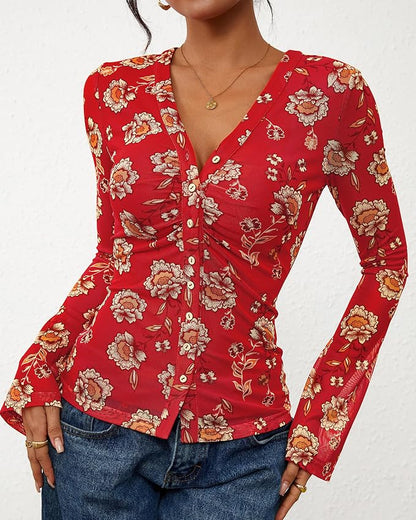 BTFBM Button Down Shirts for Women 2026 Fall Boho Tops V Neck Long Sleeve Blouses Ruched Mesh Fitted Fashion Clothing