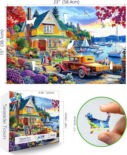 500 Piece Jigsaw Puzzles for Adults Autumn Harbor Cottage Scenic Puzzle Seaside Vibrant Fall House Scenery Puzzles for Seniors & Families, Fun Relax Puzzles with Letters on Back, 23x15 Inch