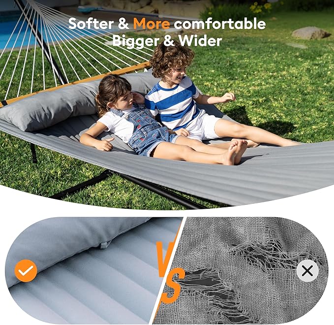 Double Hammock with Spreader Bar,Soft Pillow,Max Load 500lbs,Portable Hammock for Outdoor,Camping,and Backyard,Dark Gray
