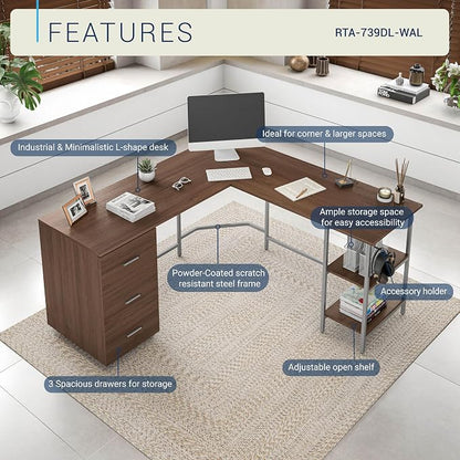 Techni Mobili L Shaped Desk - Two-Toned Computer Desk with Drawers & Storage Shelves - Simple Modern Furniture & Home Office Space Corner Table for Work & Writing | 59" two‑tone L‑shaped desk with storage shelves, durable frame, modern corner workstati...