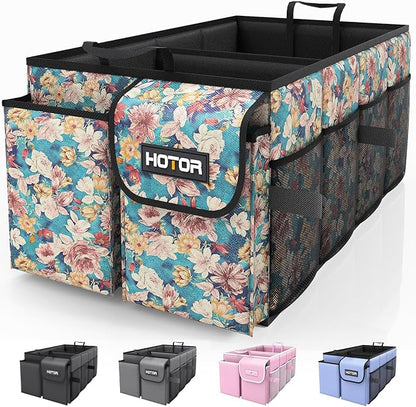 HOTOR Trunk Organizer- Car Organizer, Foldable Trunk organizer for SUVs & Sedans, Sturdy Car Organization for Car Accessories, Tools, Sundries, Blue Flower, 2 Compartments, 21.3"×12.6"×10.6"