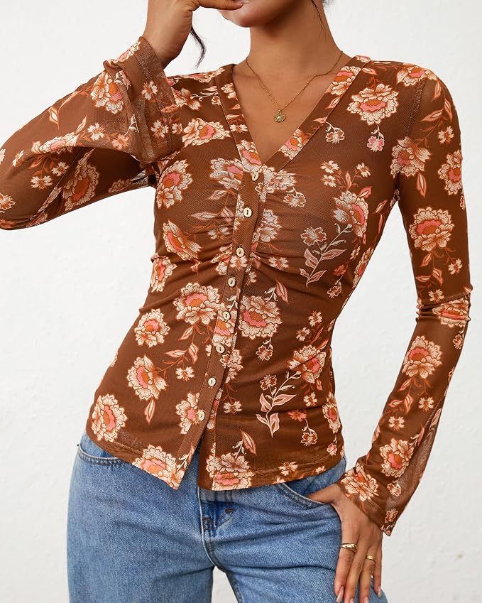 BTFBM Button Down Shirts for Women 2026 Fall Boho Tops V Neck Long Sleeve Blouses Ruched Mesh Fitted Fashion Clothing