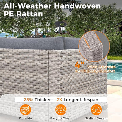 6-Seat Modern Outdoor Wicker Rattan Patio Furniture Set with 55,000 BTU Fire Pit Table, Thick 4″ Cushions, All-Weather Dual-Strand Rattan, Rust-Resistant Steel Frame,Gray