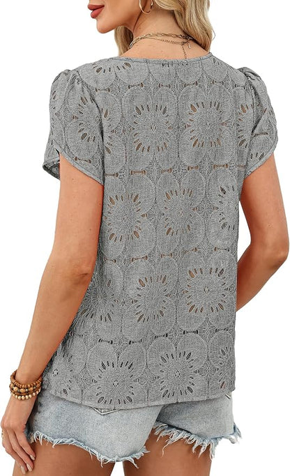 OFEEFAN Blouses for Women Dressy Casual Petal Short Sleeve Shirts Crochet Lace Boho Tops Spring Fashion Summer Outfits