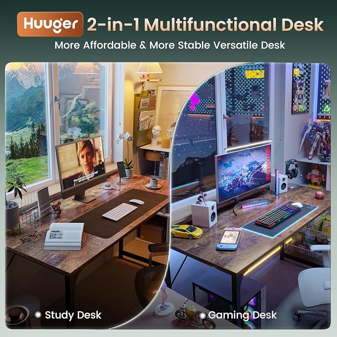 Huuger Computer Desk, 55 Inch Home Office Desk, Gaming Writing Work from Home Study Desk, Large Legroom, Sturdy Metal Frame, Modern Simple, Rustic Brown