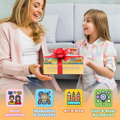 116 PCS Magnetic Blocks Set, 1" Magnet Building Blocks with Toy Eyes and Storage Bag for Kids Gifts, STEM Educational Preschool Sensory Toys for Toddlers Boys Girls Ages 3 4 5 6 7 8 + (Bright Color)