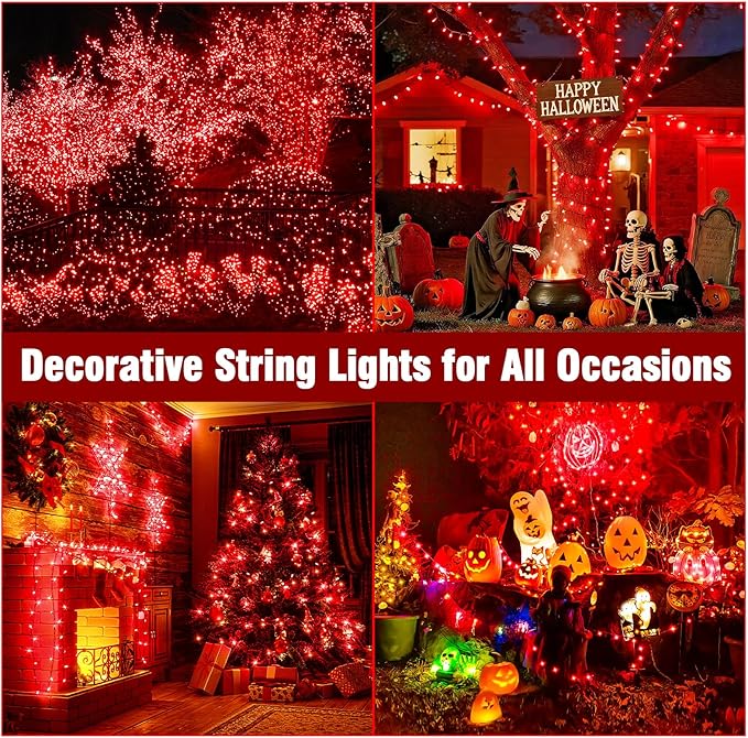 Nisocy 200 LED Red String Lights with Green Wire, Waterproof Christmas Tree Fairy Lights with 8 Modes, Indoor Outdoor Decorative Lighting for Holiday, Party, Garden, Patio(66FT)