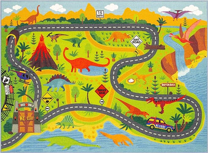 KC Cubs Dinosaur Dino Safari Road Map Learning & Game Area Carpet for Kids and Children Bedrooms and Playroom Educational Rug, 5 ft x 6 ft 6 in, Multi