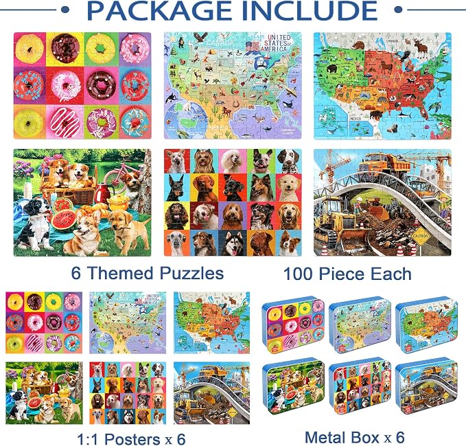LELEMON Puzzles for Kids Ages 4-6,6 Pack 100 Piece Puzzles for Kids Ages 4-8 in a Metal Box,Educational Jigsaw Puzzles Puzzle Games Puzzle Toys for Girls and Boys