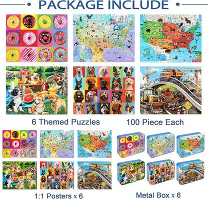 LELEMON Puzzles for Kids Ages 4-6,6 Pack 100 Piece Puzzles for Kids Ages 4-8 in a Metal Box,Educational Jigsaw Puzzles Puzzle Games Puzzle Toys for Girls and Boys