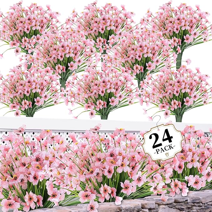24 Peach Bundles Artificial Flowers for Outdoors/Indoors Fake Flowers Plants for Indoor Outside Garden Porch Window Box Home Wedding Farmhouse