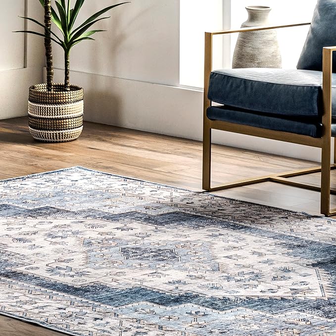 nuLOOM Dania Machine Washable Medallion Ultra Thin Area Rug, 8' x 10', Navy