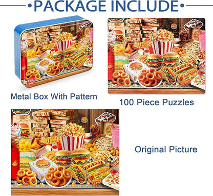 LELEMON Puzzles for Kids Ages 4-6,Hamburger Foods 100 Piece Puzzles for Kids Ages 4-8 in a Metal Box, Educational Jigsaw Puzzles 100 Piece Puzzle Games Puzzle Toys for Girls and Boys