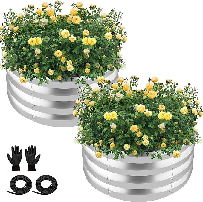 ZXZYHFTY Round Galvanized Raised Garden Bed kit,Silver Outdoor Garden Raised Planter Box, Round Large Metal Raised Garden Beds for Vegetable 2 * 2 * 1ft 2 Pcs