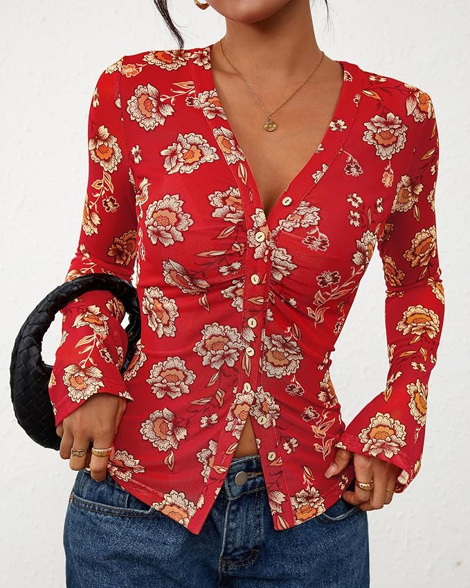 BTFBM Button Down Shirts for Women 2026 Fall Boho Tops V Neck Long Sleeve Blouses Ruched Mesh Fitted Fashion Clothing
