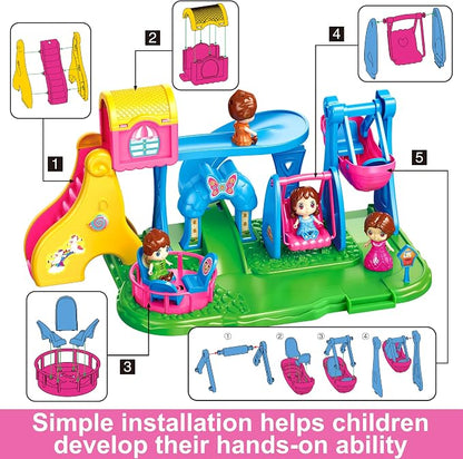 XDUOYJOY Doll House Playground Playset with 4 Toy Figures, Slide, Swing, Rocking Horse, Pirate Ship, Dollhouse & Doll Accessories Pretend Play Fun for Kids Ages 3+