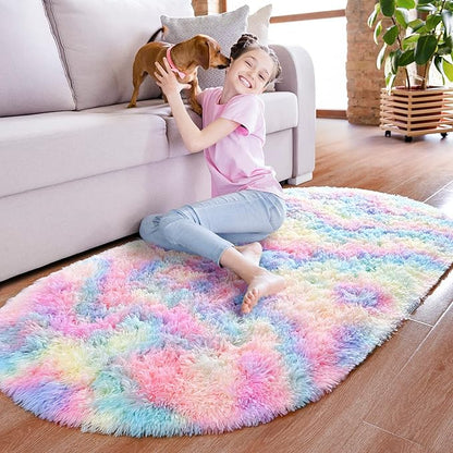 Noahas Rainbow Rug for Kids Room,Fluffy Rugs for Bedroom,2'X 5' Oval Ultra Soft Bedroom Rugs,Small Throw Rugs, Kids Room Carpet Modern Shaggy Area Rugs Home Decor