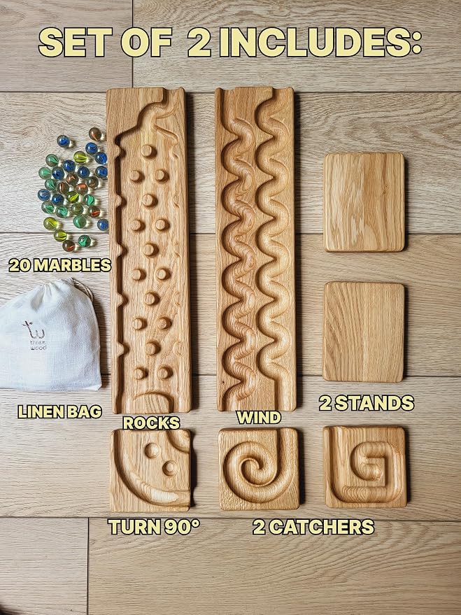 Wooden Marble Run Track Set of 2 Wind+Rocks Race Set Wooden Maze Board Ball Run Montessori STEM Toy Gift for Kids Wave Course Winding Roller Track Game (Wind+Rocks)