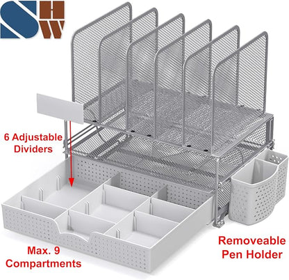 Simple Houseware Desk File Organizer for Office Supplies w/Drawer, Silver | Double Tray, Pencil Holder, and 5 Upright Sections with Sliding Drawer