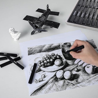 24 Pcs Compressed Charcoal Sticks with Soft, Medium, Hard and White Charcoal, Square Vine Charcoal Stick Kit for Drawing, Sketching and Shading, Art Supplies for Artists Beginners