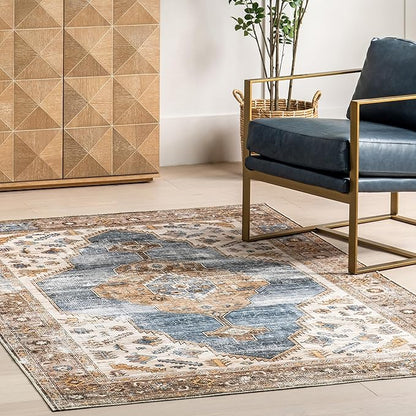 nuLOOM Gracie Distressed Medallion Machine Washable Ultra Thin Area Rug, 8' x 10', Blue