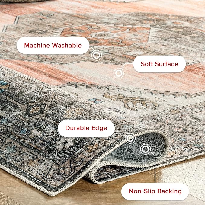 nuLOOM Gracie Distressed Medallion Machine Washable Ultra Thin Accent Rug, 2' x 3', Peach