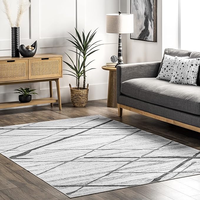 nuLOOM Trellis Stripes Machine Washable Ultra Thin Area Rug, 8' x 10', Light Grey