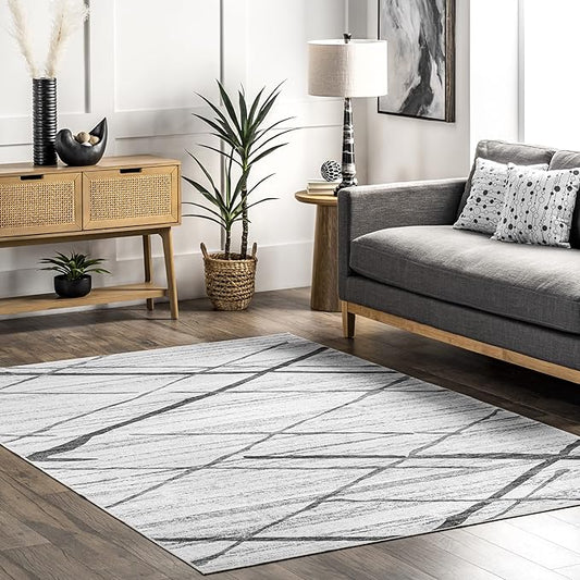 nuLOOM Trellis Stripes Machine Washable Ultra Thin Area Rug, 8' x 10', Light Grey